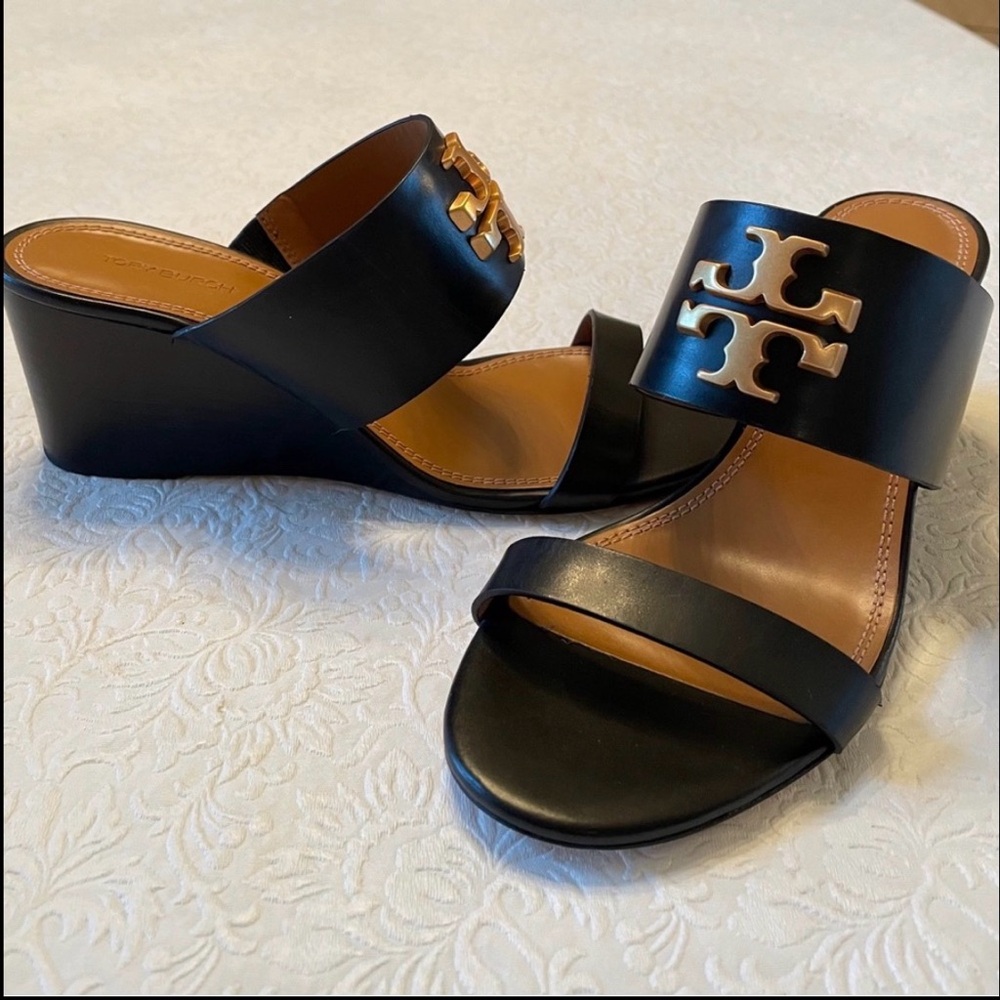 Tory Burch Black Leather Gold-Logo Wedge Slides